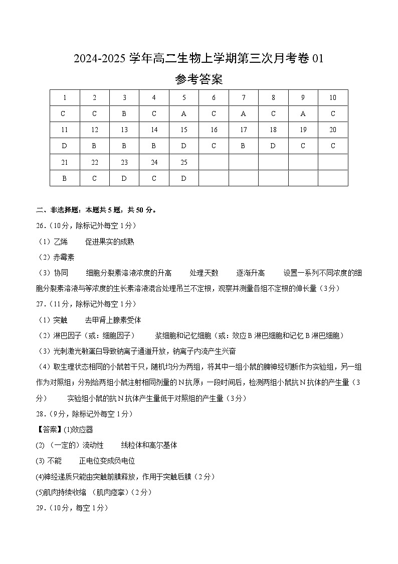 高二生物第三次月考卷01（参考答案）（新高考通用）第1页