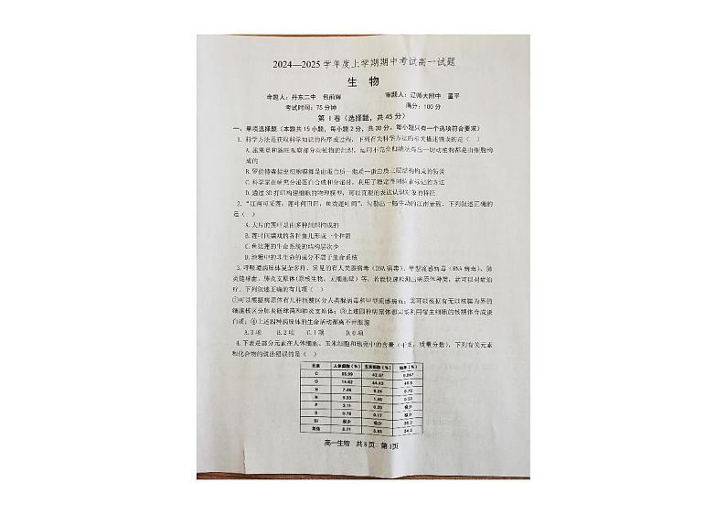 辽宁省重点高中协作校2024-2025学年高一上学期期中考试生物试卷第1页