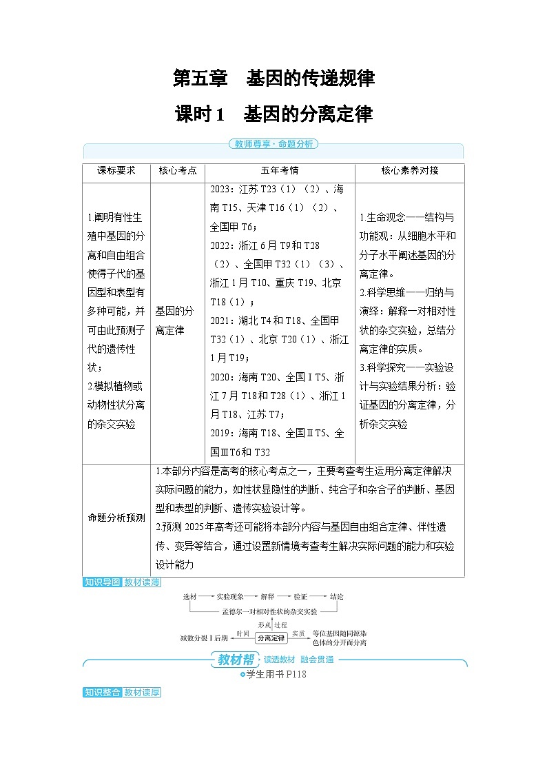 备战2025年高考生物精品教案第五章基因的传递规律课时1基因的分离定律（Word版附解析）第1页