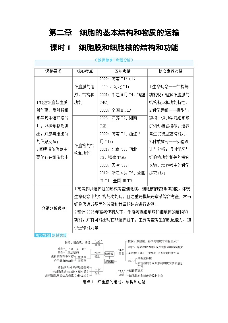 备战2025年高考生物精品教案第二章细胞的基本结构和物质的运输课时1细胞膜和细胞核的结构和功能（Word版附解析）第1页