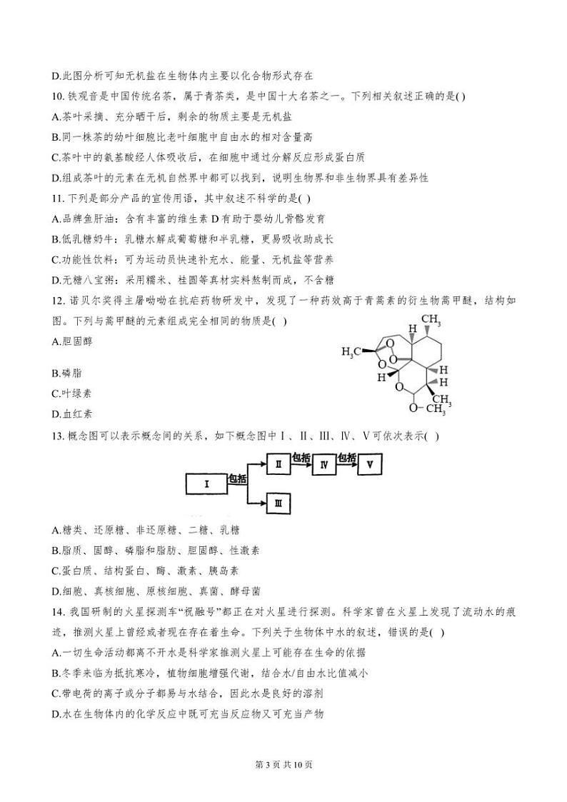 天津市滨海育华中学、实验滨海联考2024～2025学年高一(上)期中质量调查生物试卷(含答案)第3页