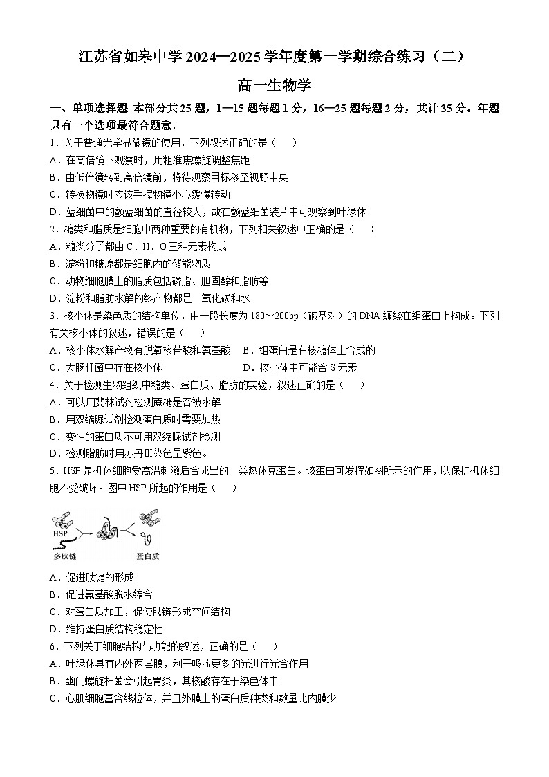 江苏省如皋中学2024-2025学年高一上学期综合练习二（期中模拟）生物试题第1页