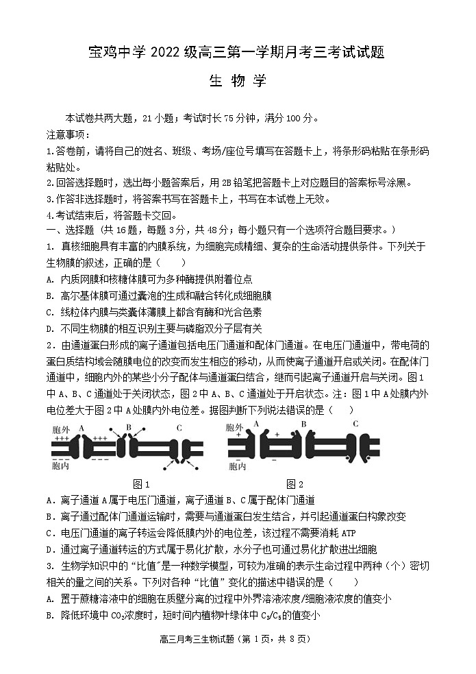 陕西省宝鸡市金台区宝鸡中学2024-2025学年高三上学期12月月考生物试题第1页