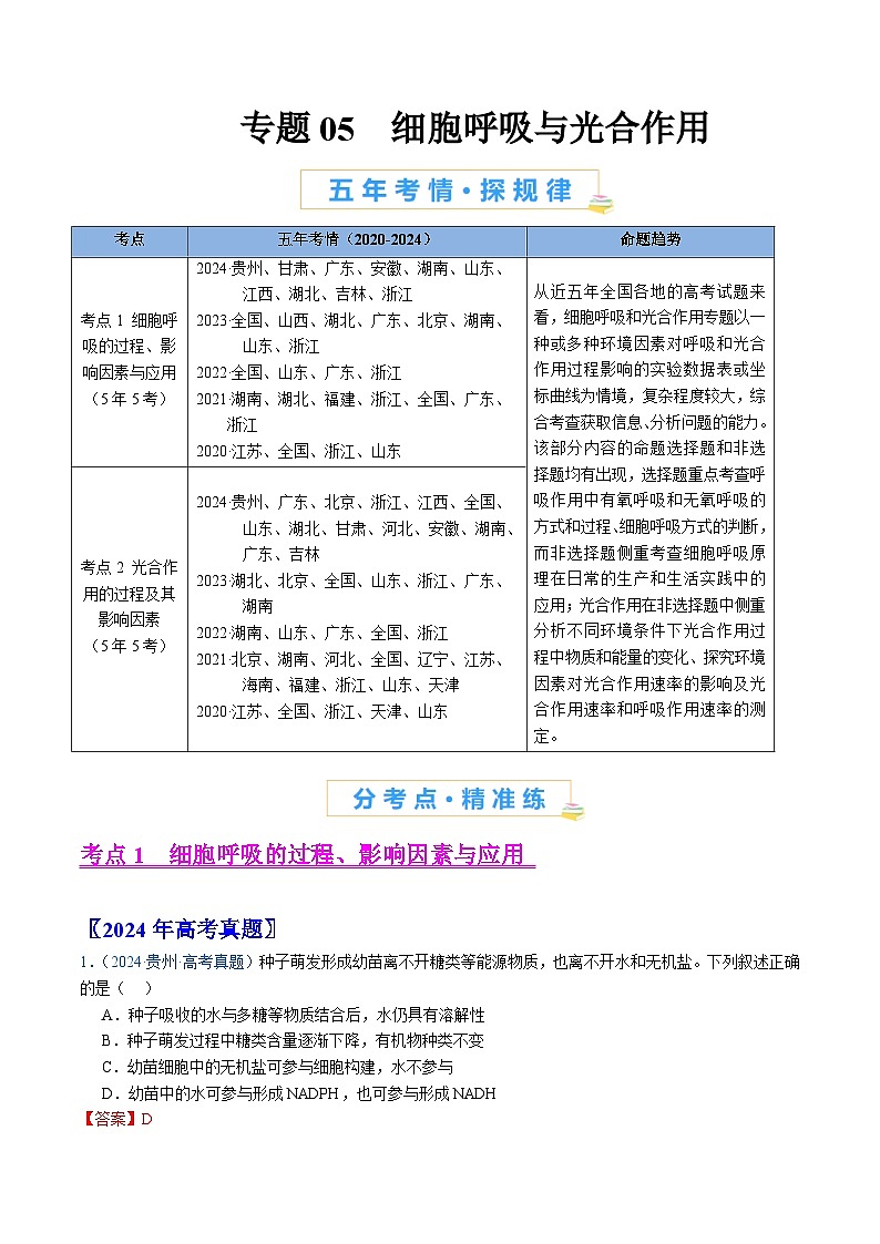 五年高考真题（2020-2024）分类汇编 生物 专题05 细胞呼吸与光合作用 含解析第1页