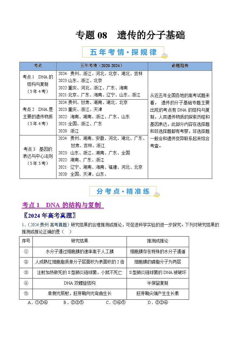 五年高考真题（2020-2024）分类汇编 生物 专题08 遗传的分子基础 含解析第1页