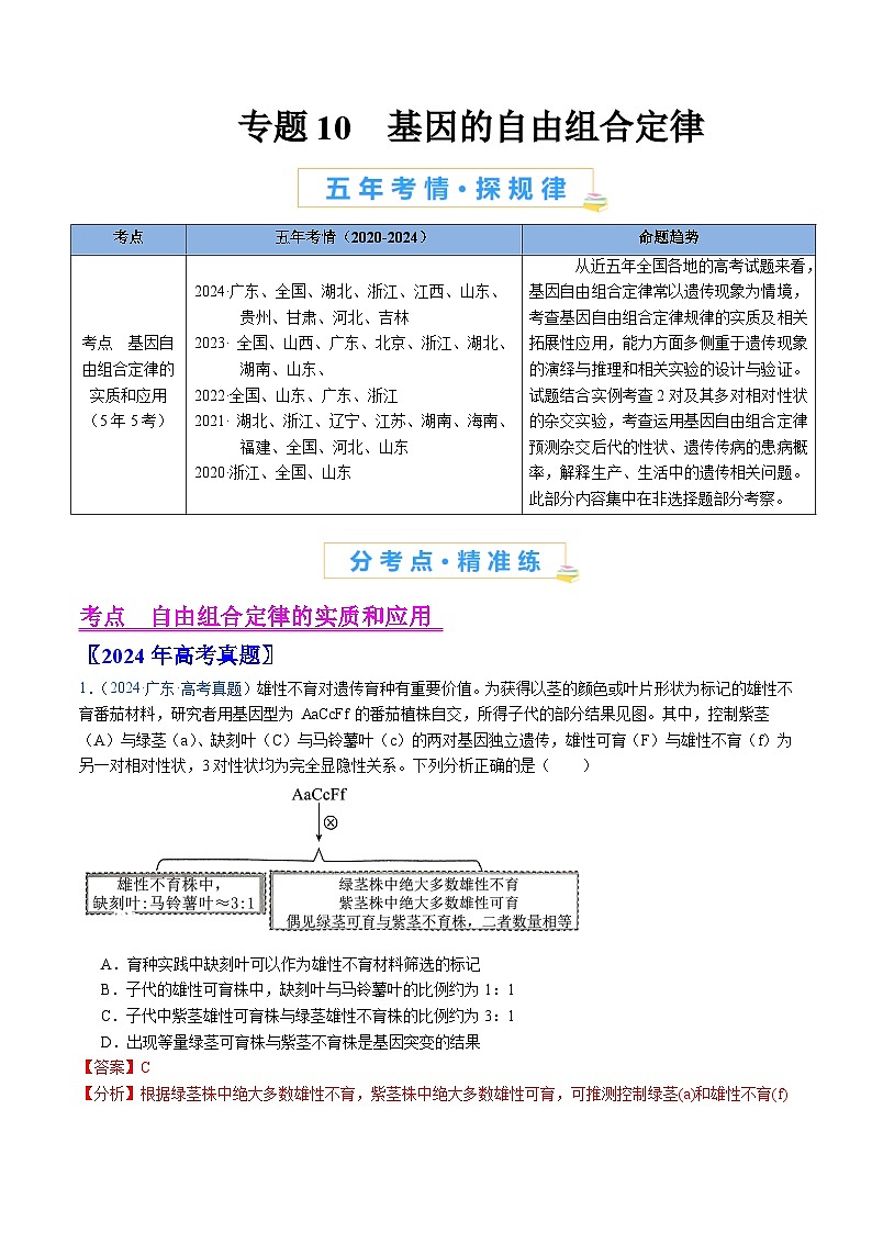 五年高考真题（2020-2024）分类汇编 生物 专题10 基因的自由组合定律  含解析第1页