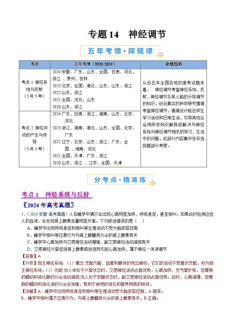 五年高考真题（2020-2024）分类汇编 生物 专题14 神经调节 含解析第1页