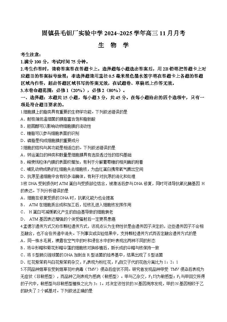 安徽毛坦厂实验中学2025届高三上学期11月期中考试生物试题+答案第1页
