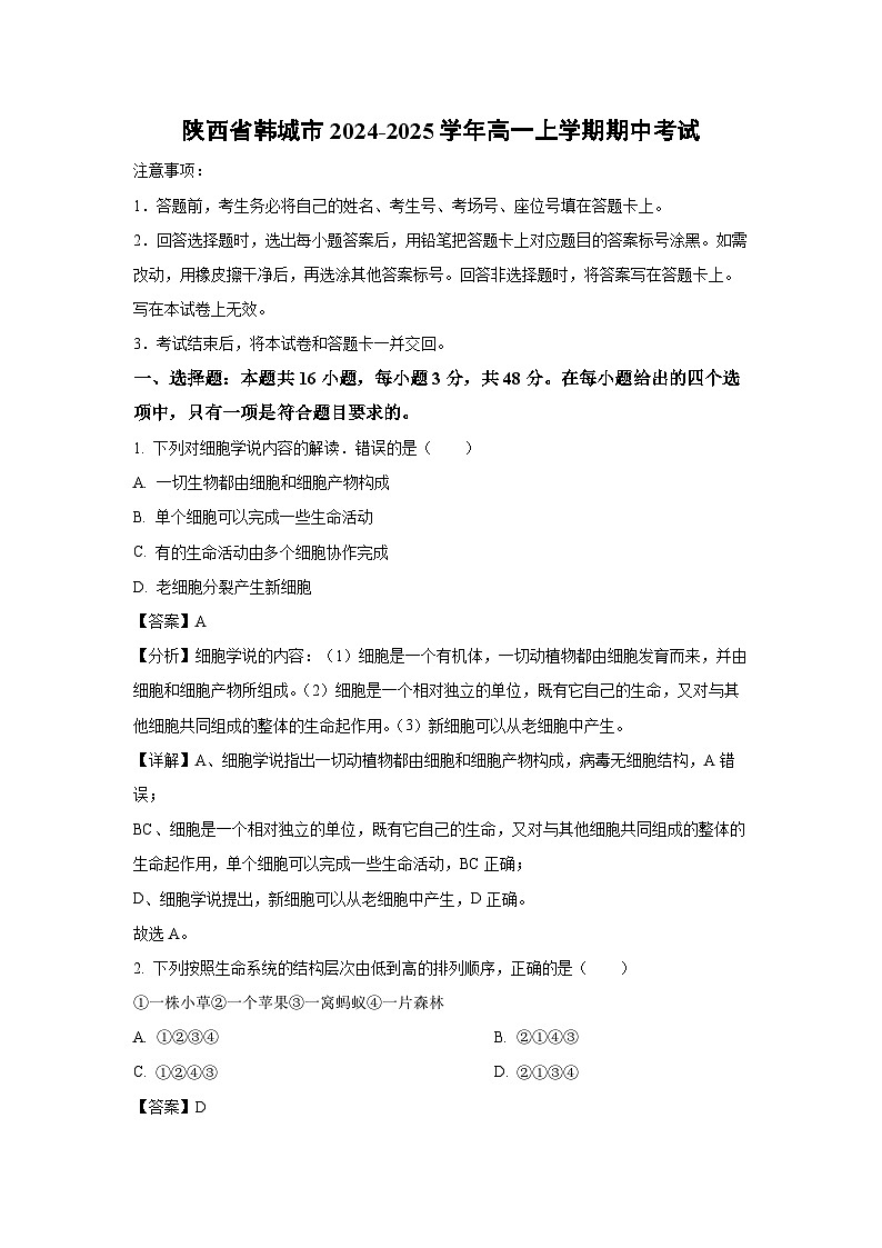 2024~2025学年陕西省韩城市高一(上)期中考试生物试卷(解析版)第1页