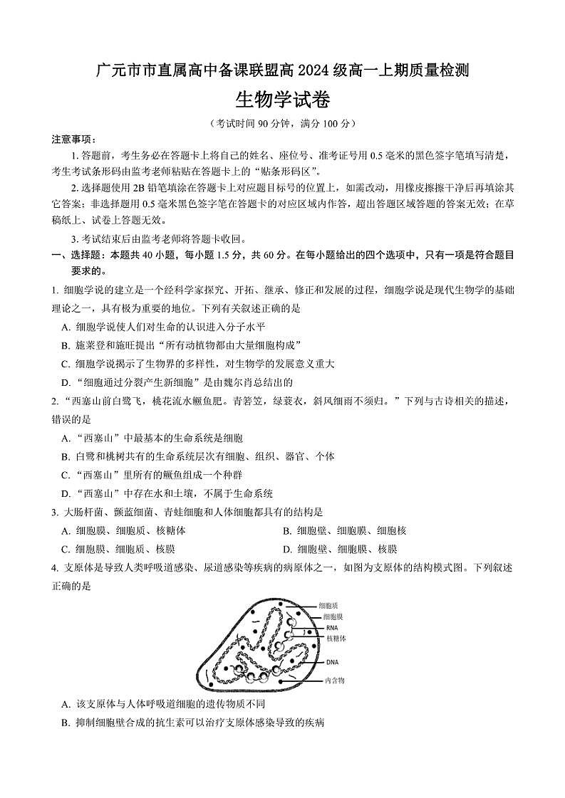 2024～2025学年四川省广元市直属学校高一(上)期中生物试卷(含答案)第1页