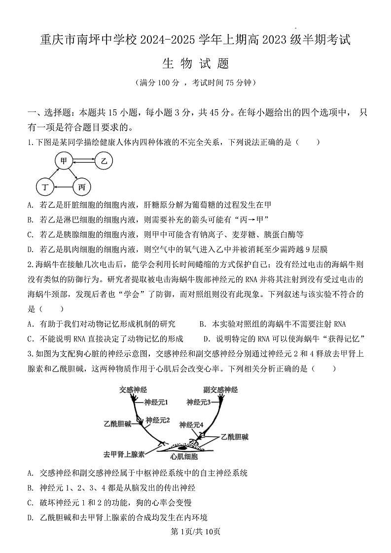 2024～2025学年重庆市南坪中学高二(上)期中生物试卷(含答案)第1页