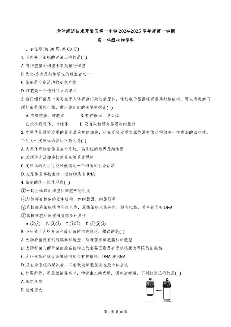 2024年天津市经济技术开发区一中高一上期中生物试卷【含答案】第1页