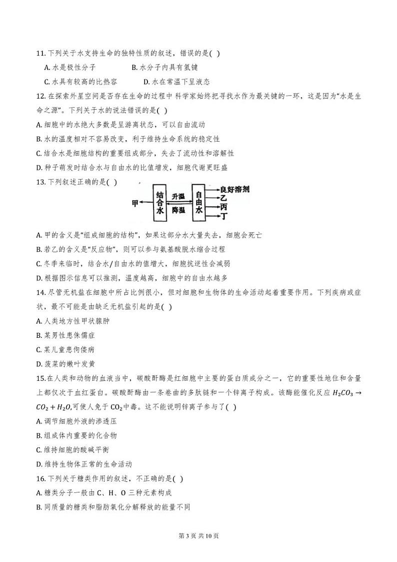 2024年天津市经济技术开发区一中高一上期中生物试卷【含答案】第3页
