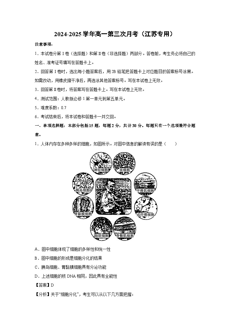 2024~2025学年高一(上)第三次月考(江苏专用)生物试卷(解析版)第1页