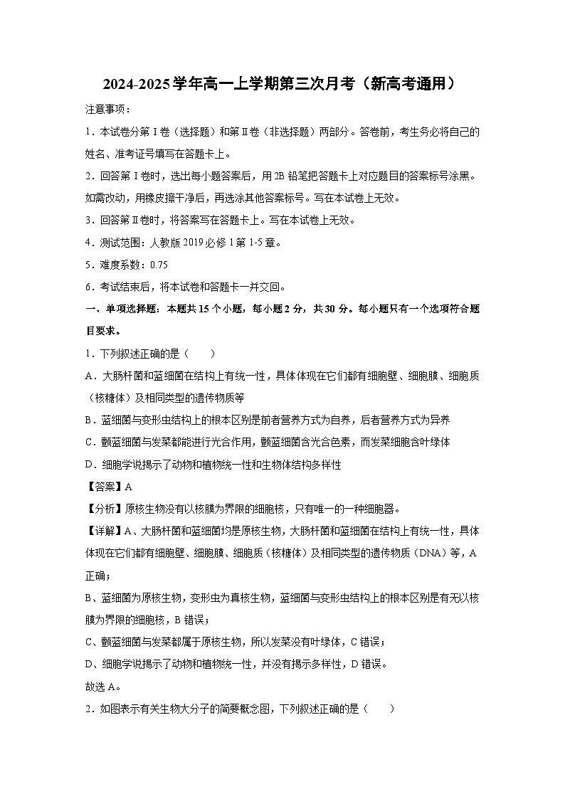 2024~2025学年高一(上)第三次月考(新高考通用)生物试卷(解析版)第1页