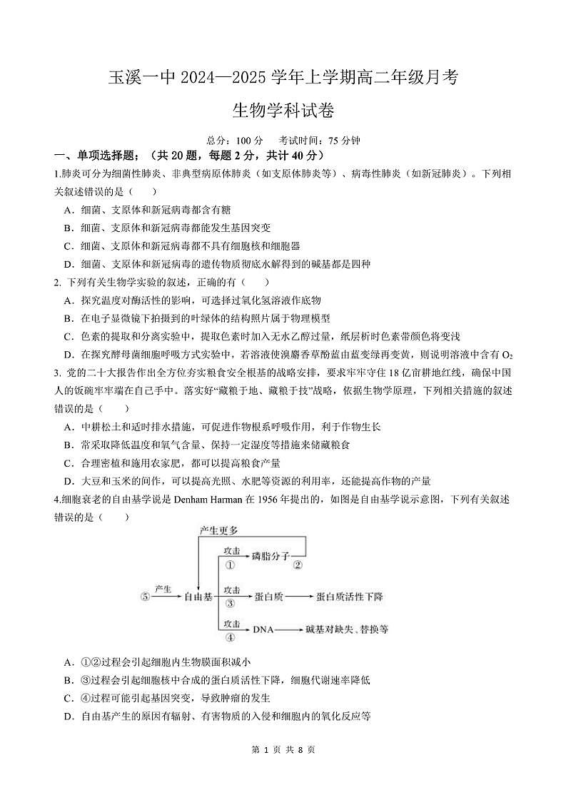 2024～2025学年云南省玉溪市一中高二(上)第二次月考生物试卷(含答案)第1页