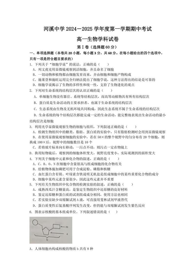 2024～2025学年广东省汕头市河溪中学高一(上)期中生物科试卷(无答案)第1页