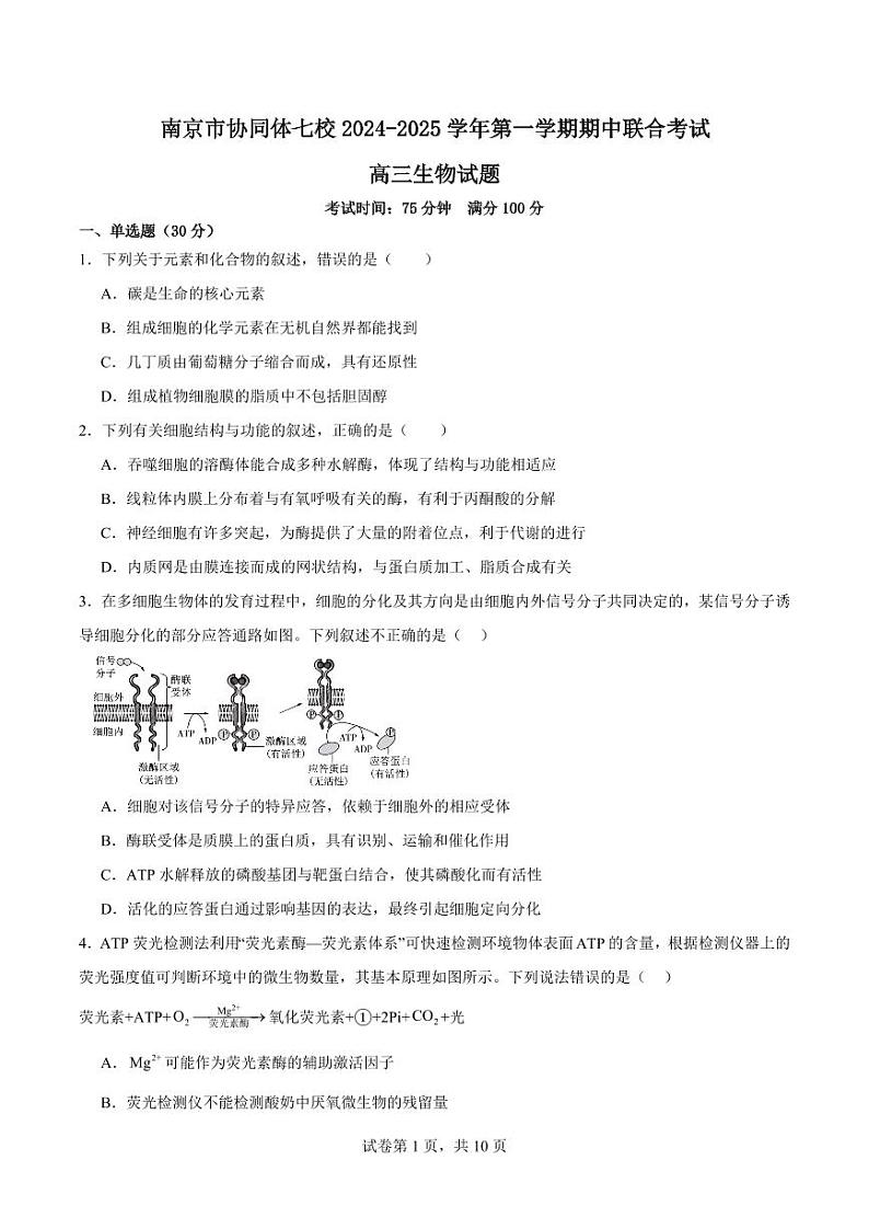 江苏省南京市协同体七校2025届高三上学期期中联考-生物试题+答案第1页