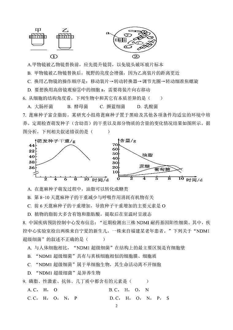 江苏省南京、镇江、扬州六校2024-2025学年高一上学期10月学情调查生物试题第2页