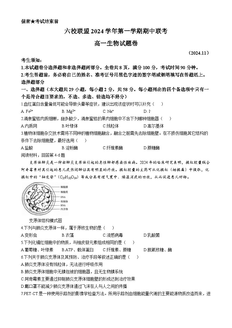 浙江省六校联盟22024-2025学年高一上学期11月期中联考生物试题第1页