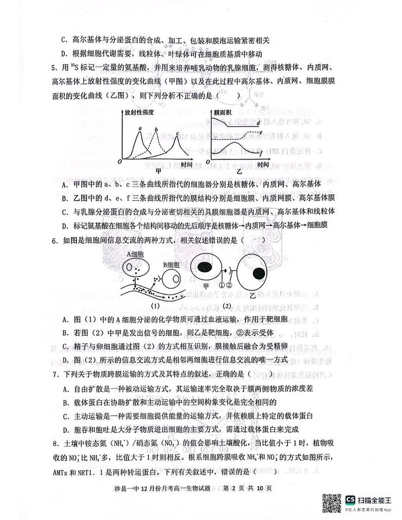 河北省邯郸市涉县一中2024-2025学年高一上学期12月月考生物试题第2页