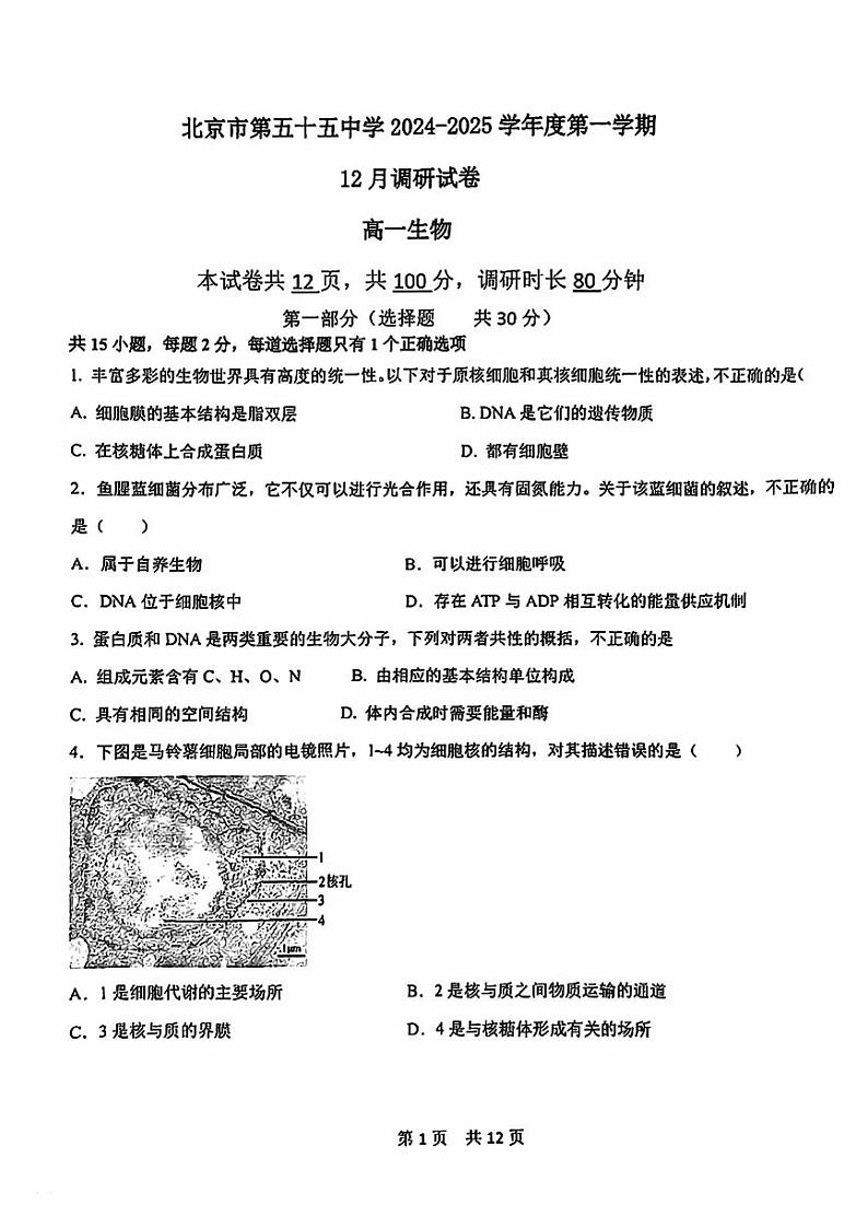 2024北京五十五中高一12月月考生物第1页