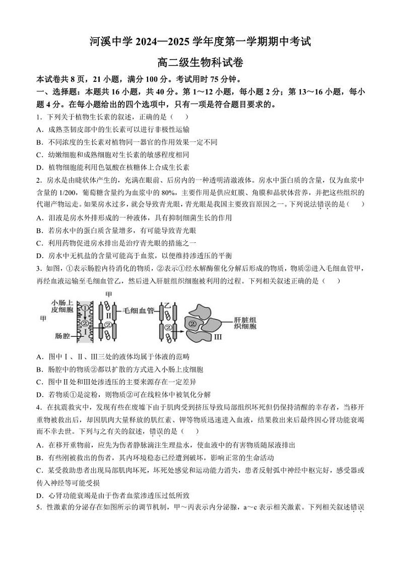 广东省汕头市潮阳区河溪中学2024～2025学年高二(上)期中生物试卷(含答案)第1页