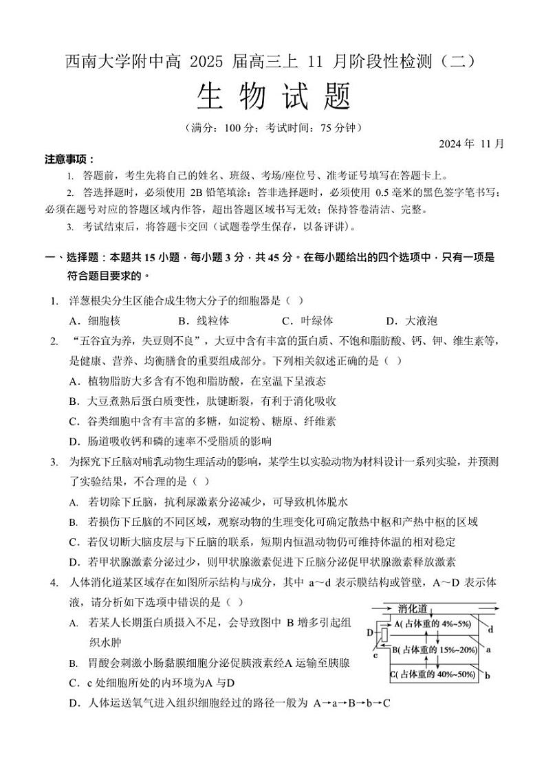 重庆市西南大学附属中学校2024～2025学年高三(上)11月阶段性检查生物试卷(二)(含解析)第1页
