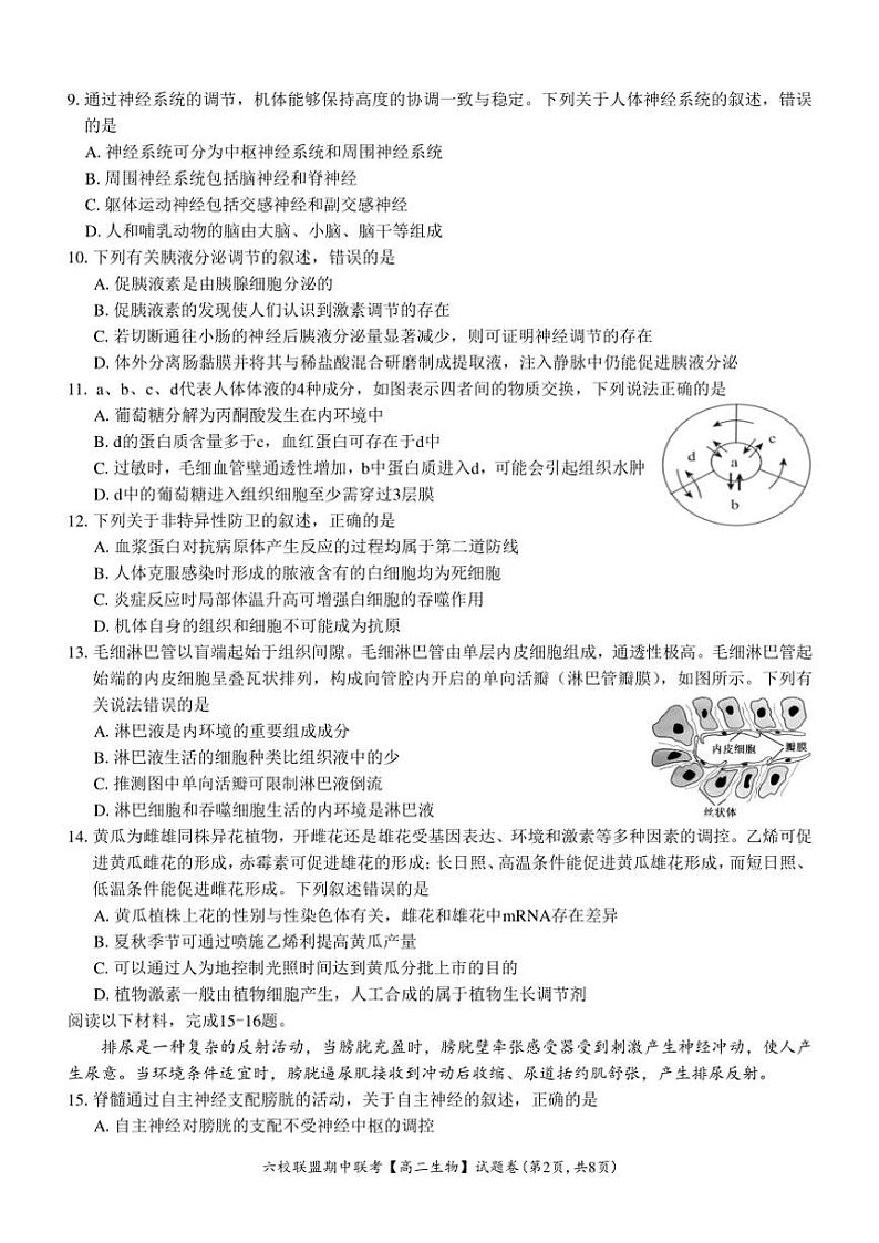 浙江省六校联盟2024～2025学年高二(上)期中联考生物试卷(含答案)第2页