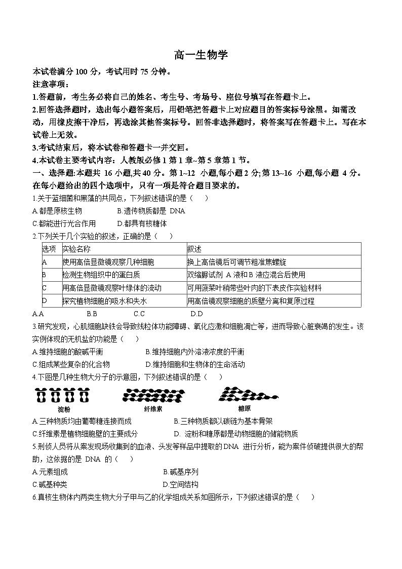 广东省佛山市H7联盟2024-2025学年高一上学期12月联考生物试题(01)第1页