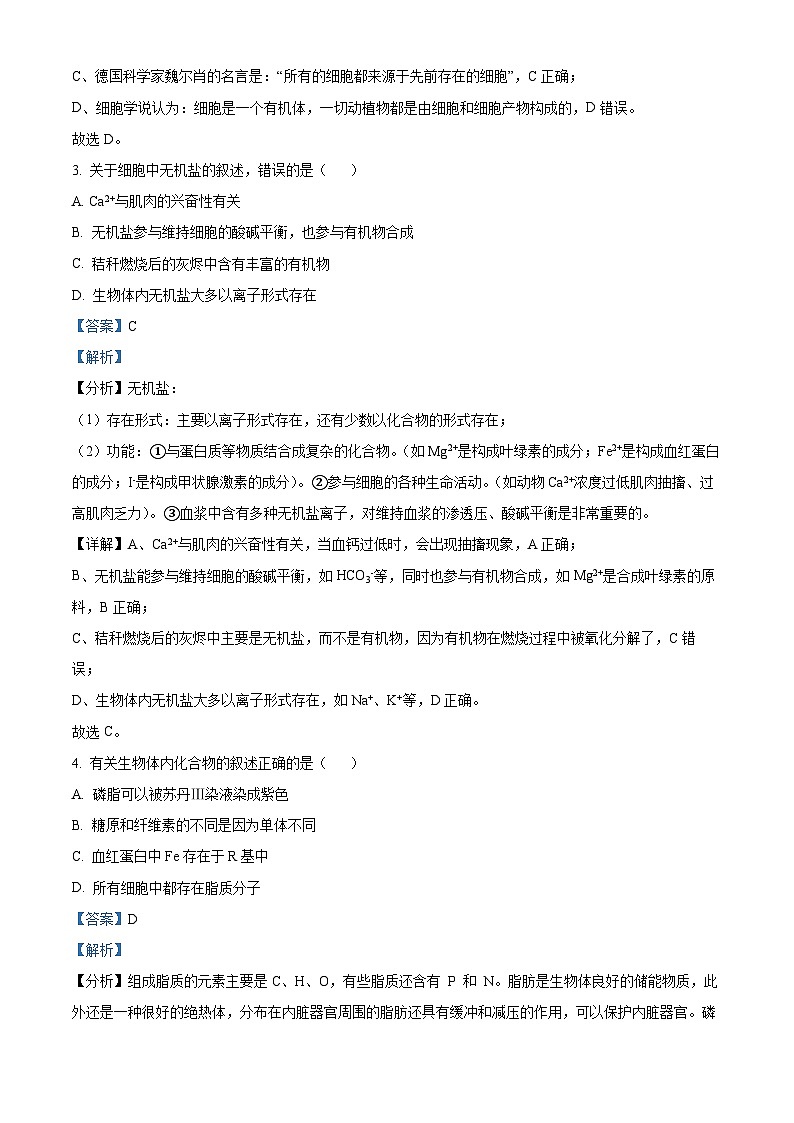 江苏省高邮市2024-2025学年高一上学期期中考试生物试题含解析第2页