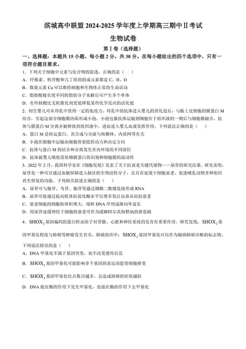 2024～2025学年辽宁省大连市滨城高中联盟高三(上)期中生物试卷(含答案)第1页