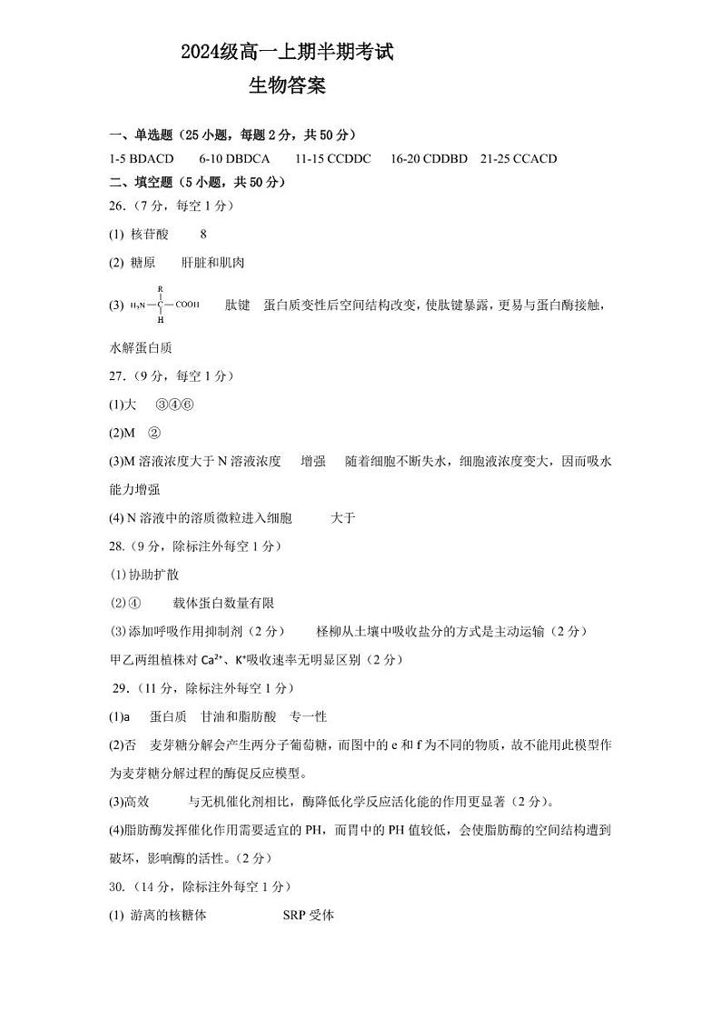 2024级高一上期半期考试生物答案第1页