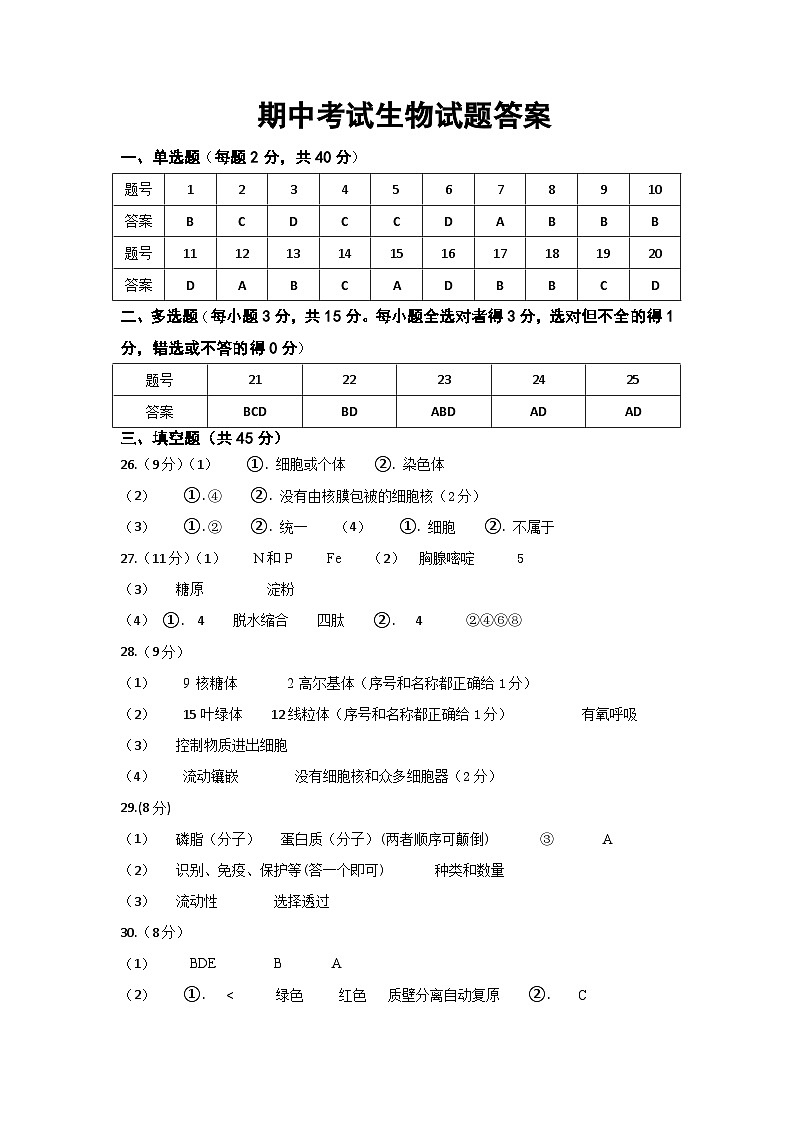 江苏省响水中学，清源高中2024-2025学年高一上学期期中联考生物答案第1页