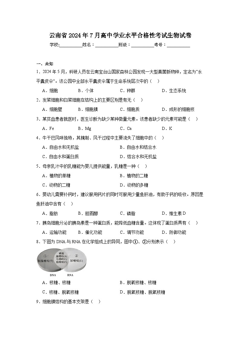 云南省2024年7月高中学业水平合格性考试生物试卷第1页