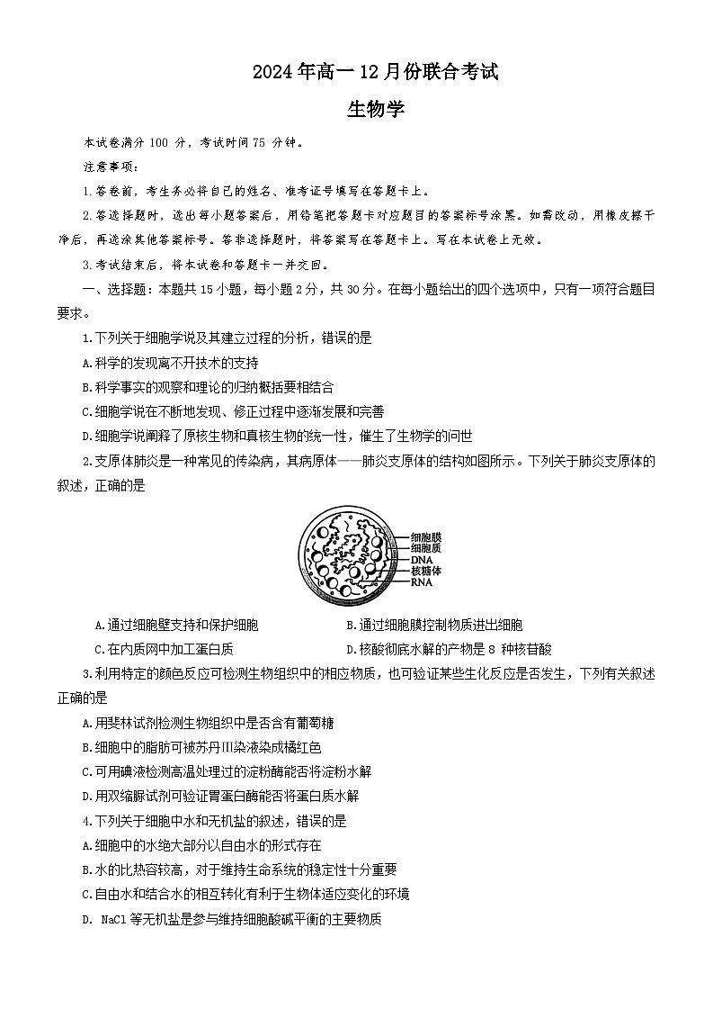 辽宁省普通高中20242025学年高一上学期12月联合考试生物试题第1页
