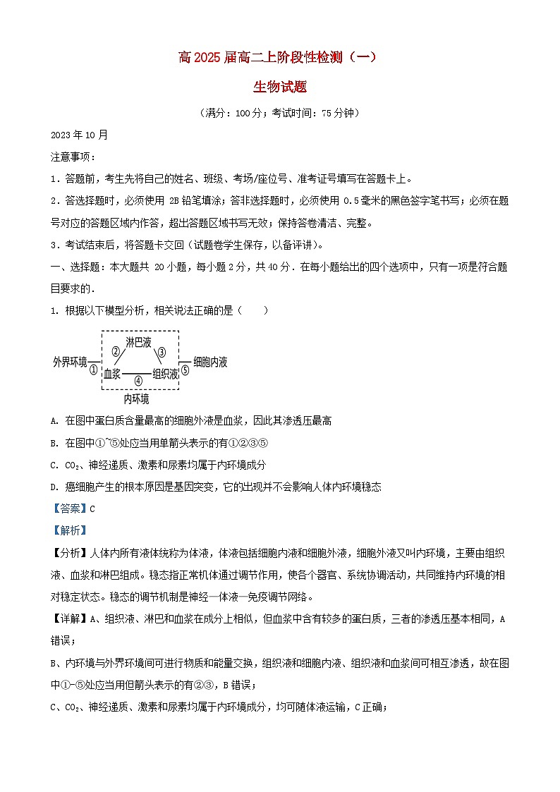 重庆市2023_2024学年高二生物上学期10月阶段性检测试题含解析第1页