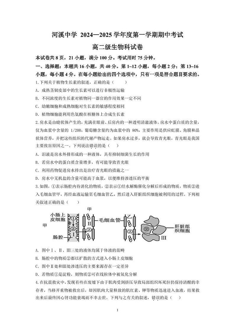 广东省汕头市潮阳区汕头市潮阳区河溪中学2024-2025学年高二上学期11月期中生物试题第1页