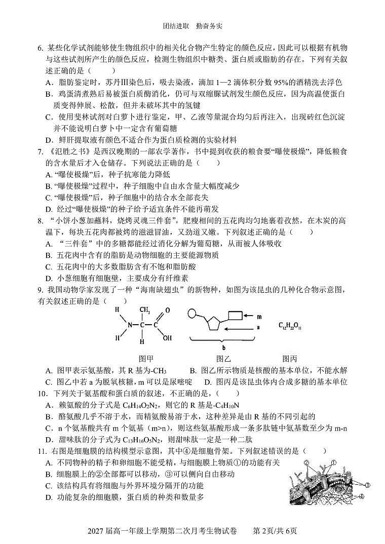 2027届樟树中学高一第二次月考生物试卷（终稿）第2页