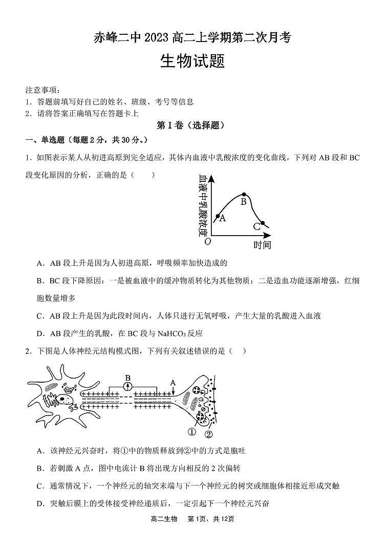 内蒙古赤峰二中2024-2025学年高二上学期第二次月考生物试题第1页