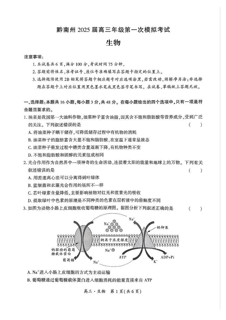 贵州省黔南布依族苗族2025届高三高考第一次模拟考-生物试卷+答案第1页