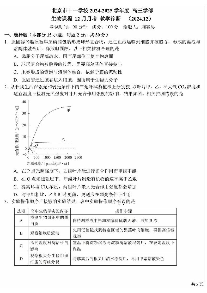 2024北京十一学校高三（上）12月月考生物试卷第1页