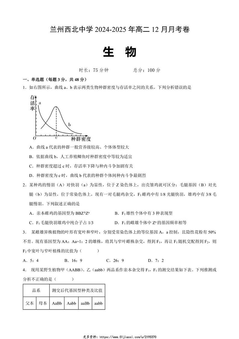 2024～2025学年甘肃省兰州市七里河区兰州西北中学高二(上)12月月考生物试卷(含答案)第1页
