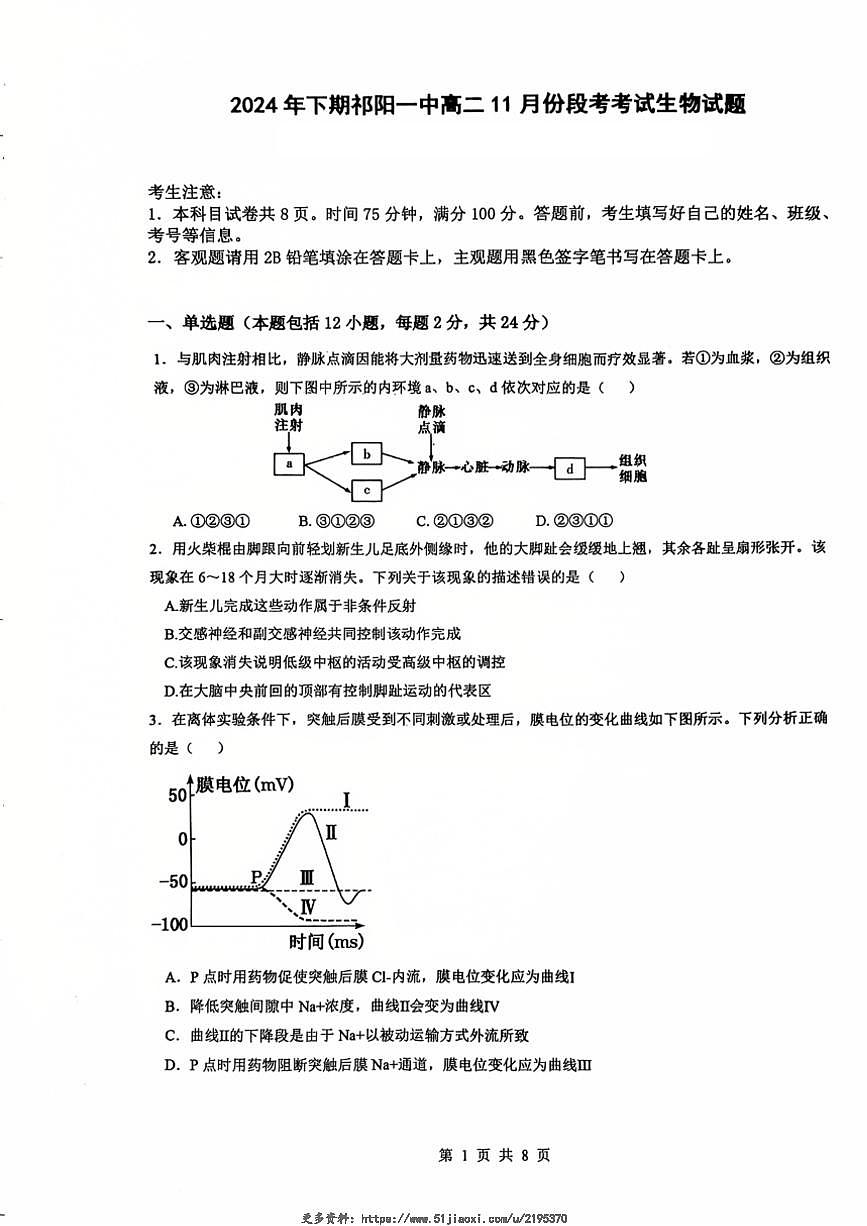 2024～2025学年湖南省永州市祁阳县湖南省祁阳市第一中学高二(上)11月份考试生物试卷(无答案)第1页