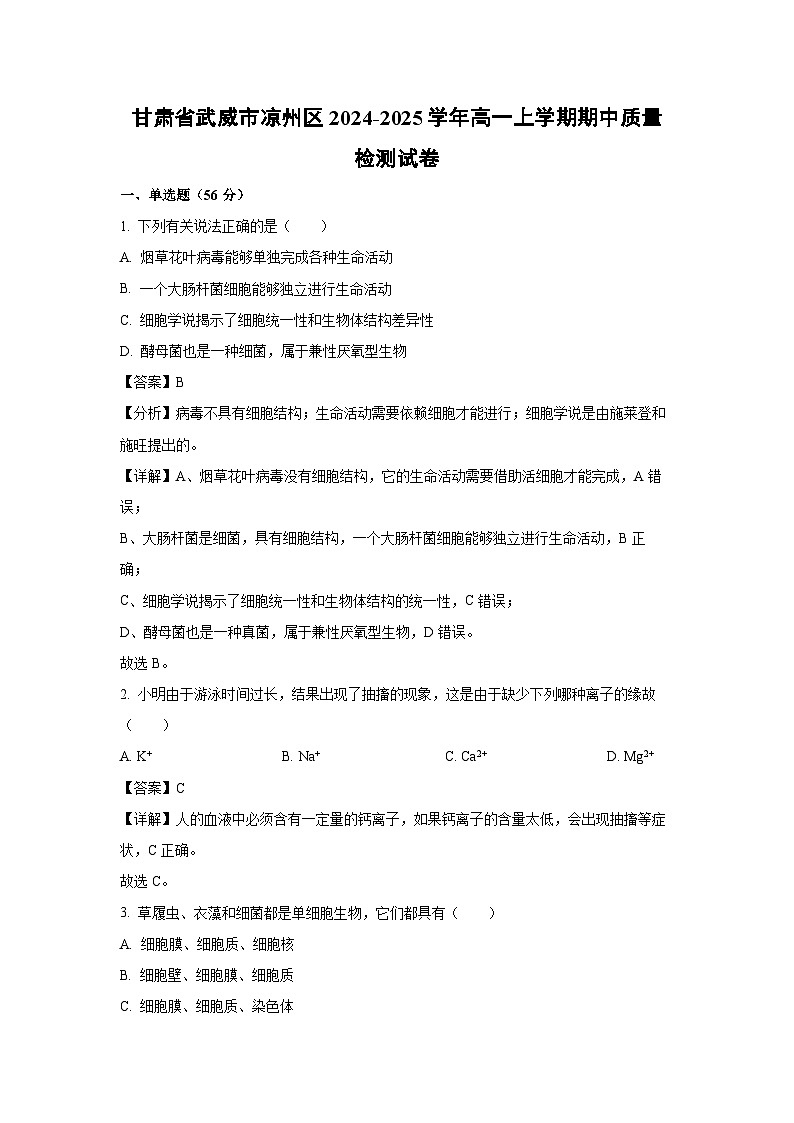 2024-2025学年甘肃省武威市凉州区高一(上)期中质量检测生物试卷(解析版)第1页