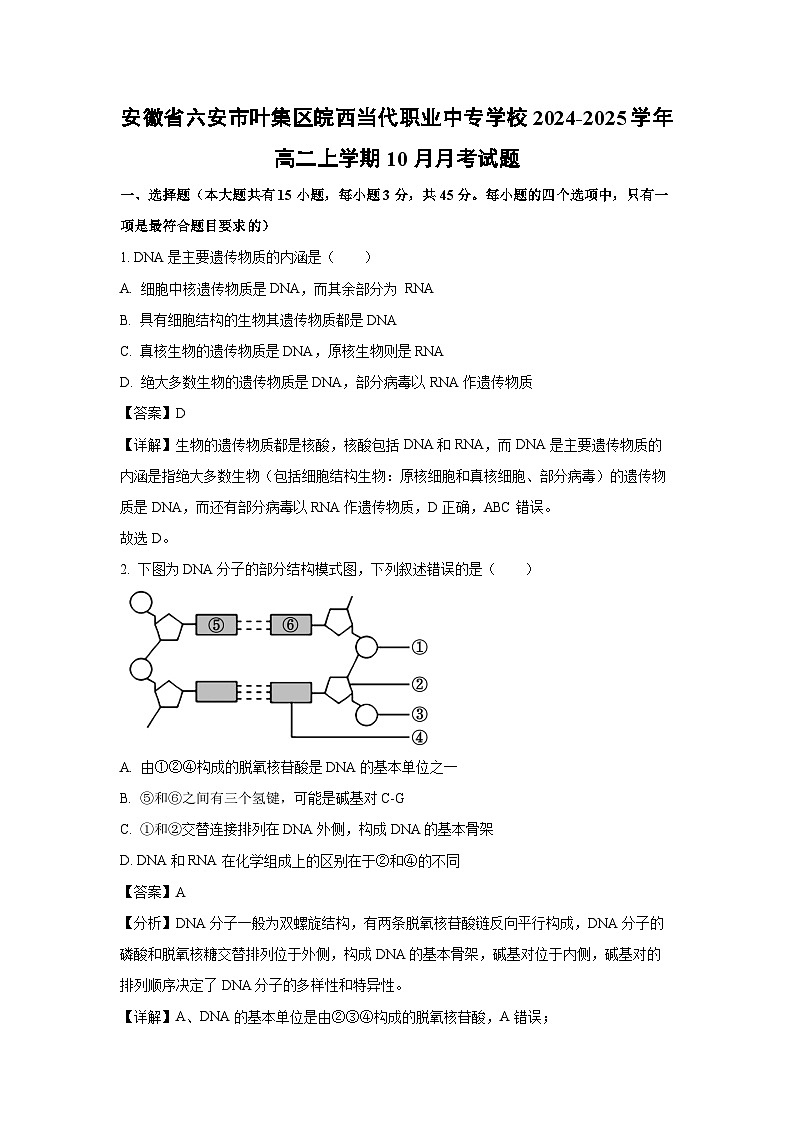 2024-2025学年安徽省六安市叶集区皖西当代职业中专学校高二(上)10月月考生物试卷(解析版)第1页