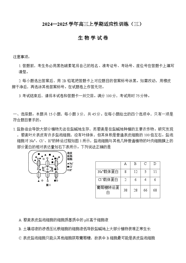 重庆市顶级名校2024-2025学年高三上学期11月适应性训练（三）生物含答案第1页