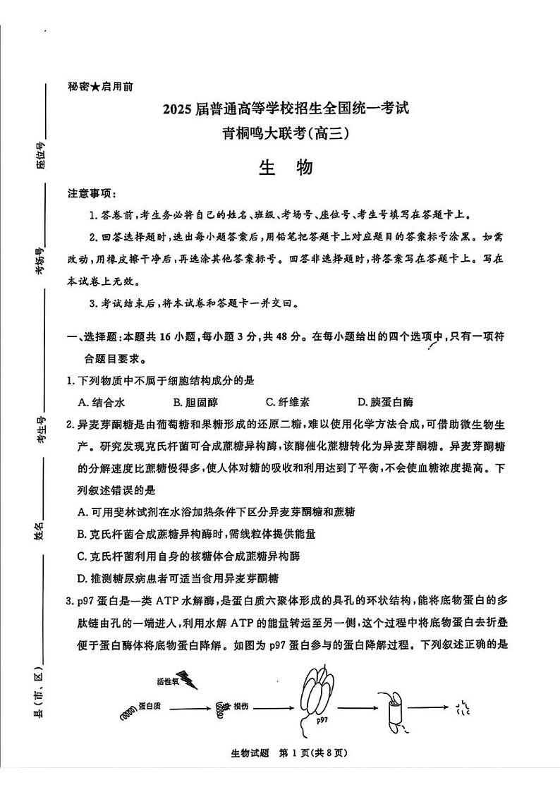 生物丨河南省青桐鸣2025届高三11月大联考生物试卷及答案第1页