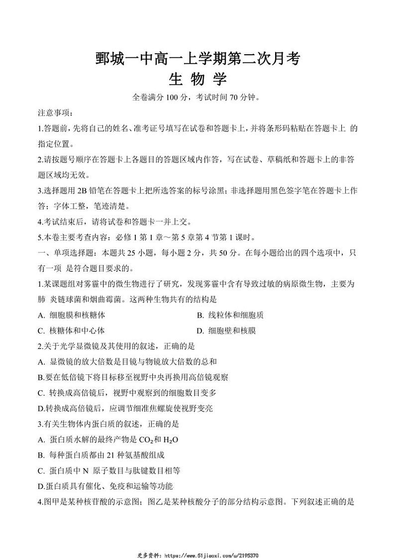 2024～2025学年山东省菏泽市鄄城县第一中学高一(上)第二次月考生物试卷(含答案)第1页