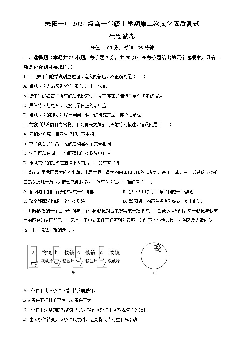 湖南省耒阳市第一中学2024-2025学年高一上学期期中考试生物试题（原卷版）-A4第1页